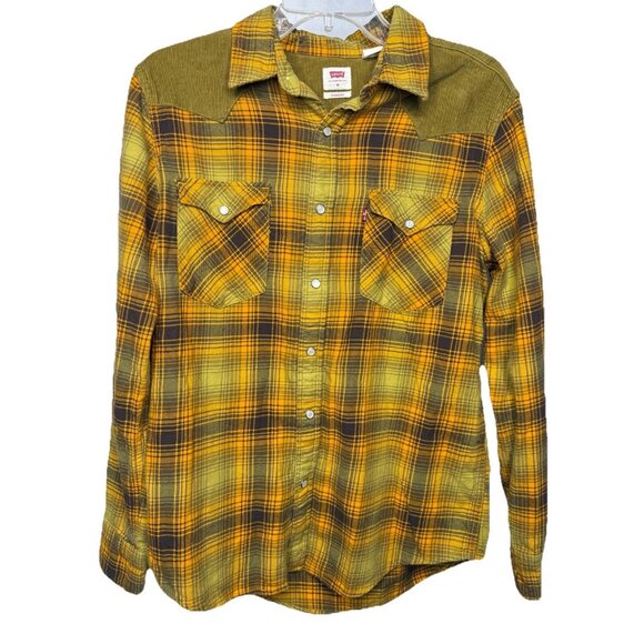 Levi's‎ Standard Men's M Yellow Plaid Corduroy Shoulder Western Snap Button Down - Picture 1 of 4